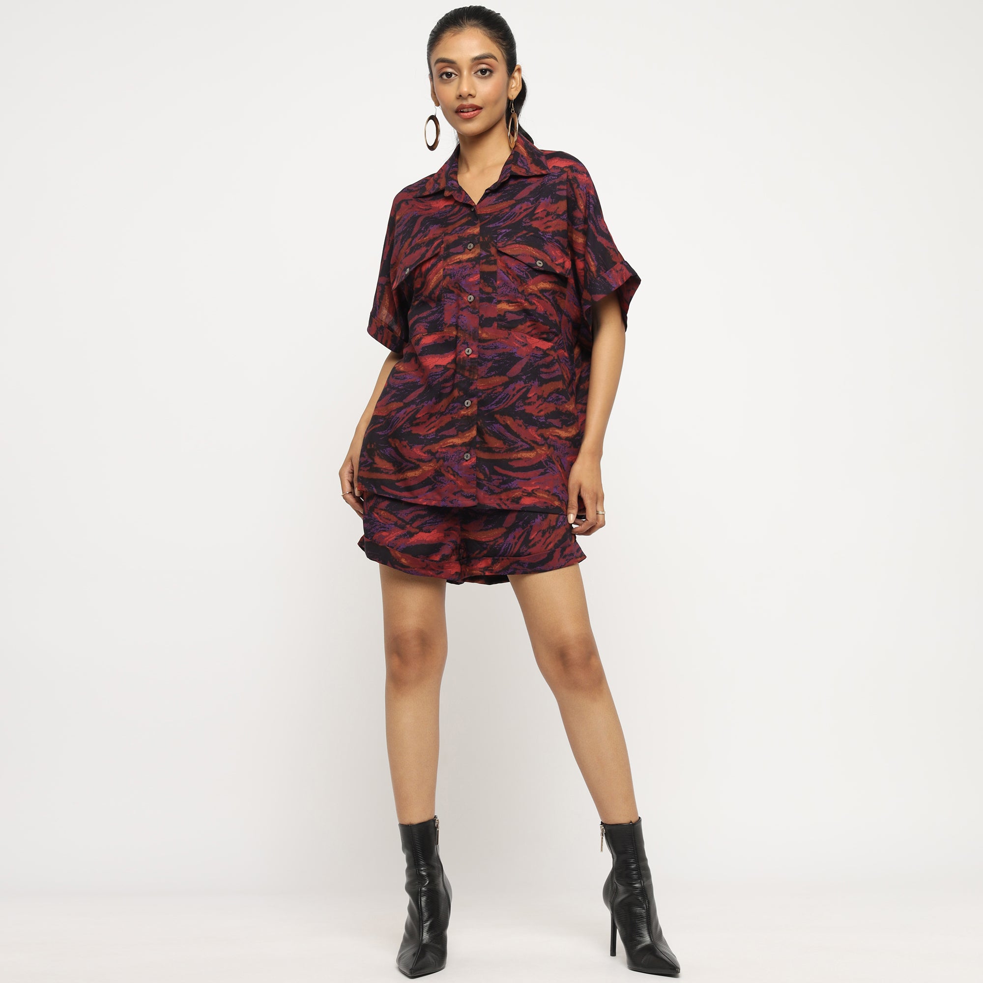 Purple Abstract Printed Co-ord Set with Oversized Shirt and Shorts